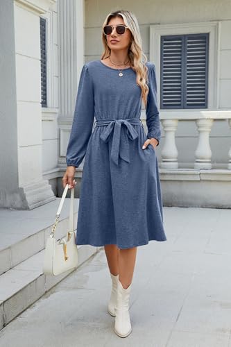 Image of Newshows Womens Long Sleeve Casual Dresses 2025 Business Work Teacher Fall Church Belted A Line Flowy Midi Dress