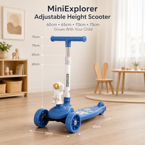 Image of MiniExplorer Zoomie Kids Kick Scooter with LED Wheels, 3 Wheel Scooter for Boys & Girls, Adjustable Height Handle, Foldable Lightweight Scooter for Kids Age 3+ Years - Astro