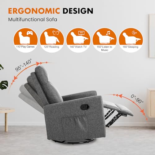 Sweetcrispy Swivel Recliner Chair, Rocking Chair Nursery, Glider Rocker Recliner for Nursery, Glider Nursery Chair for Living Room with Extra Large Footrest, High Back, Upholstered Deep Seat (Grey)