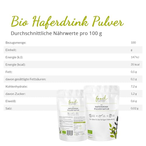 foodsetter Bio Haferdrink Pulver | 500g Beutel | Haferpulver | Instant Haferpulver | Bio-Quallität | Vegan | Glutenfrei | Ohne Zuckerzusatz | 0,5kg