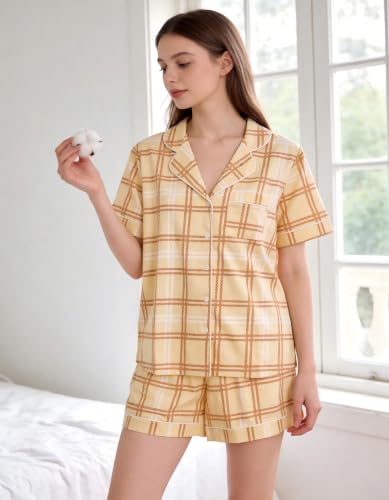 Image of NAP BOUND 100% Cotton Women Pajama Sets Button Down Short Sleeve Sleepwear Soft Pjs 2 Piece Lounge Set with Pocket XS-XXL