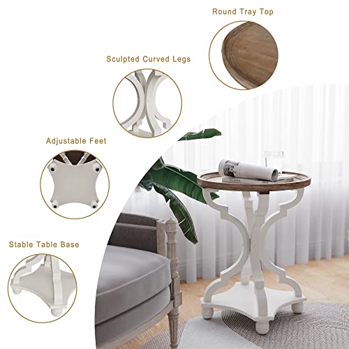 Function Home Rustic Farmhouse Round End Tables, Small Accent Side Table With Natural Tray Top And Concave Legs, Nightstand For Living Room, Bedroom, Handcrafted Finish, Wood, White #TOP5
