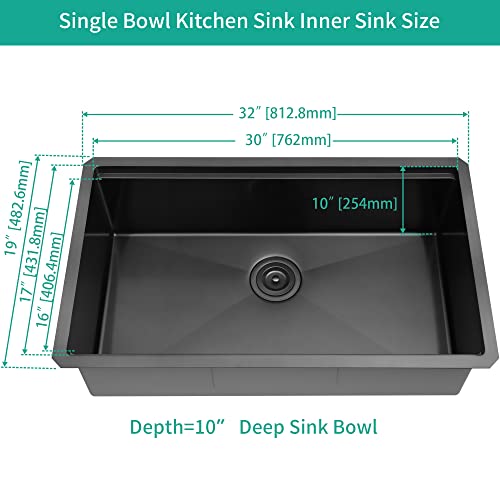 LQS 32” x 19” Black Kitchen Sink, 32 Inch Black Undermount Kitchen Sink, 16 Gauge Stainless Steel Kitchen Sinks, Handmade Deep Single Bowl Sink with Abundant Accessories