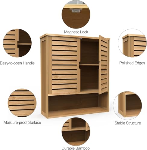 FoverOne Bathroom Wall Cabinet, Bamboo Medicine Cabinet Wall Mounted, Over The Toilet Hanging Cabinet with 2 Doors & 3 Tier Shelves