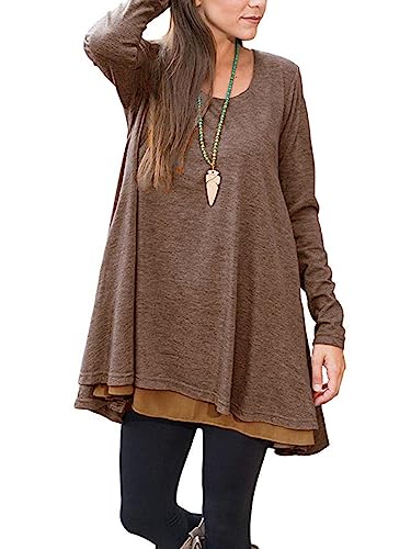 Poetsky Women's Long Sleeve Solid Color Tunic Tops Layered Chiffon Hem Casual Loose Blouse Shirts
