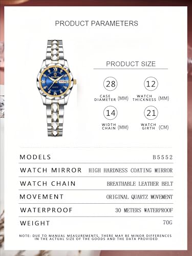 Image of Gosasa Luxury Men's and Women's Business Diamond Stainless Steel Waterproof Roman Numeral Analog Quartz Watch with Day-Date Calendar, Gold and Silver Tone