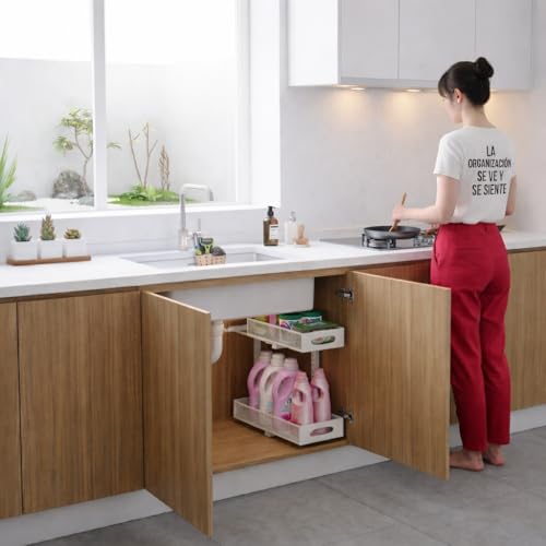 MARFRAND Organizador Bajo Fregadero. Organizador Armario Cocina. Bandeja Extraible Armario. Con accesorios anti vuelco. Incluye Colgador para Esponja de Cocina para Fregadero.