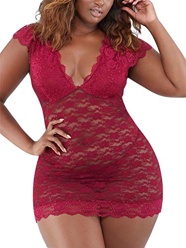 Women's Plus Size Chemise Floral Lace Lingerie Sexy Bodysuit Mesh Babydoll Sleepwear (R007,Red, XXX-Large)
