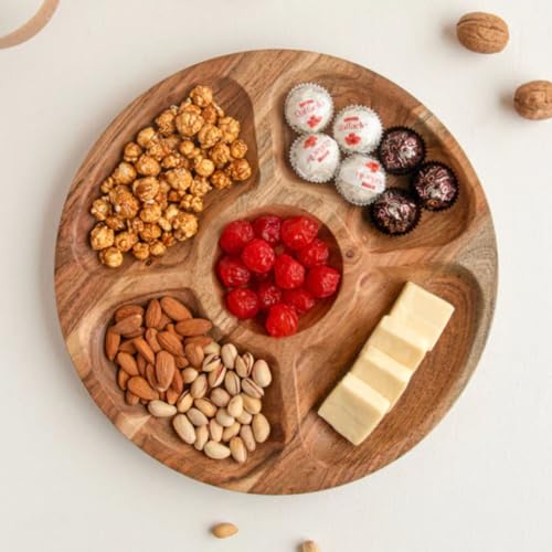 Image of Aurum Crafts Round Acacia Wood Snack Serving Platter | Premium Wooden Serving Plate for Snacks, Appetizers & Dry Fruits | Elegant Kitchen & Dining Table Platter