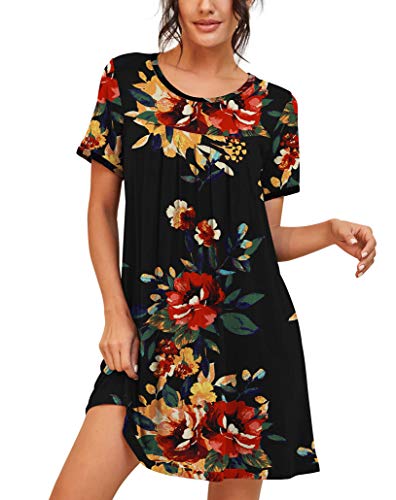 Image of PrinStory Nightgowns for Women Short Sleeve Night Gowns Pleated Sleep Shirt Ladies Nightshirt Soft Sleepwear