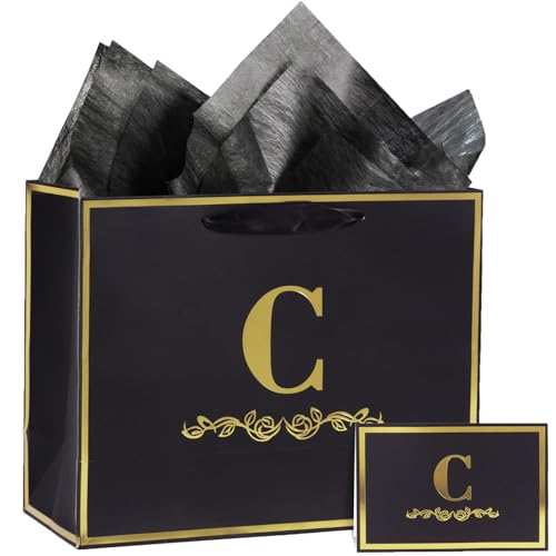 momoake Alphabet Birthday Gift Bag with Card and Tissue Paper for Men Women, 13" Large Black Gold Personalized Bridal Party Gift Paper Bag for Gifts Wrapping - (Letter C)