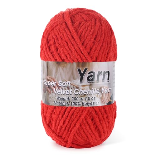 Image of Chunky Chenille Yarn for Baby Blanket Yarn for Crocheting - 7.05oz Super Soft Chenille Plush Yarn - Bulk Thick Yarns Used for Making Scarves, Blankets, Stuffed Animals, DIY Craft (Red)