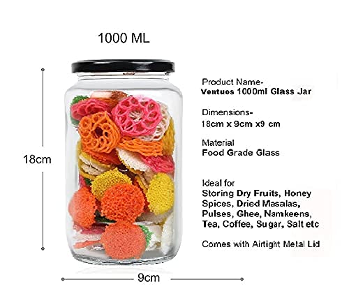 Image of PRAMUKH FASHION Square Shape Glass Jar for Kitchen Masala Storage Ml Set with Airtight Lid Containers Spices Dry Fruits and Pickle Container Pack of (6, Black 1000Ml Round Jar)
