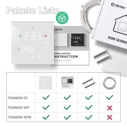 Beok Thermostat Fussbodenheizung Smart, WiFi Raumthermostat Für Wasser Fußbodenheizung Thermostate Heizung Digital LCD Programmierbarer Kompatibel mit Alexa, Google Home 3A 230V TGW60W-WIFI-WP Weiß