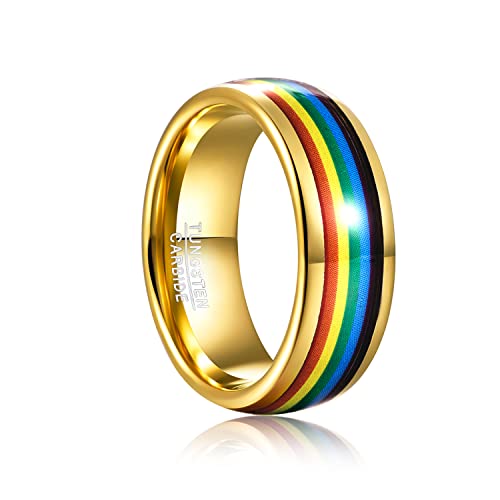 MEILING LINGMEI 8mm Tungsten Carbide Ring Gold Rainbow Wedding Ring LGBT Pride Ring for Lesbian & Gay LGBTQ Pride Engagement Band Comfort Fit Size 7-12