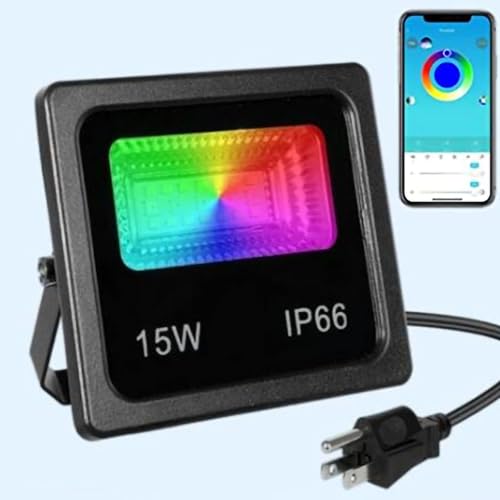 Image of XUNATA 15W RGBW LED Floodlight, Bluetooth Outdoor RGB Color Changing Music Sync Smart Flood Light, Dimmable Waterproof IP66 Wall Washer Light Landscape Spotlights for Christmas Stage Garden Lighting