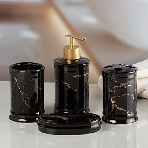 Image of SaSaSa Ceramic Bathroom Accessories Set of 4 Modern Bath Set with Soap Dispenser & Toothbrush Holder, Luxury Home & Gift Idea, Black /Gold (8228)