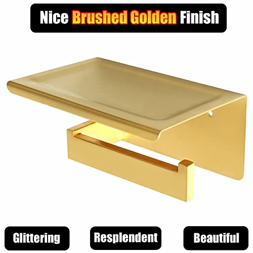 Alise Toilet Paper Holder,Bathroom Tissue Holder With Shelf,Sus304 Stainless Steel Toilet Paper Roll Holder Storage Dispenser,Self Adhesive Or Wall Mount Drilling Paper Rack,Brushed Golden #TOP4