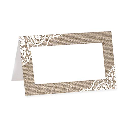 Andaz Press Rustic Burlap and Lace Table Tent Place Cards for Wedding Party Tables, Seating Name Place Cards, Scored for Easy Folding Tent Design, 56 Pack, 2 x 3.5 Inches