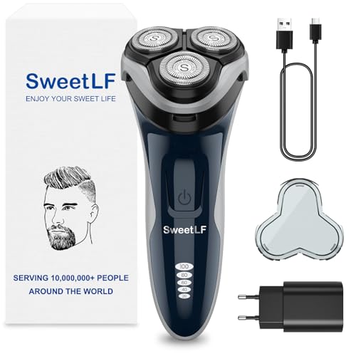 SweetLF Rasoir Electrique Homme Rechargeable Wet & Dry, Tondeuse à Barbe Haute Précision, Rasage avec 3D Têtes Rotatives, 100% Etanche&120 min d'Autonomie SWS7105 - Bleu Gris Foncé