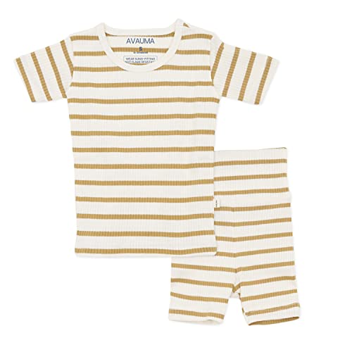 Avauma Baby Boys Girls Pajama Set 6M-7T Kids Cute Toddler Snug Fit Pjs Cotton Short Sleeve Sleepwear (Stripe(S)_Mustard Large) #TOP6
