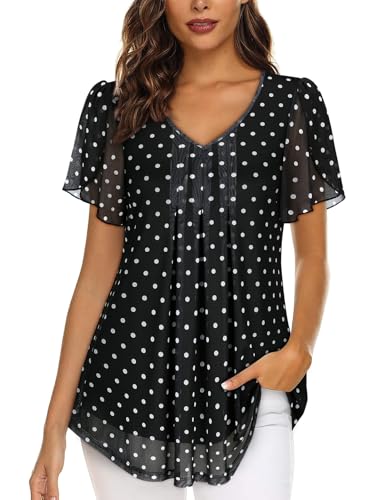 Image of ACDAY Chiffon Tops for Women UK Floaty Top for Womens Ladies Evening Tops Women Plus Size Top Womens Ruffle Short Sleeve Dressy Lightweight Tunic Blouses UK