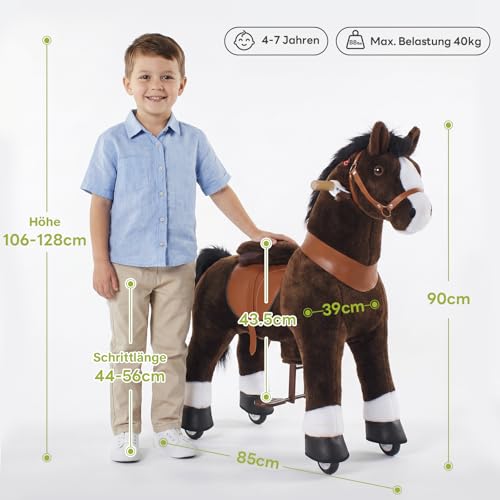 PonyCycle® Schaukelpferd auf Rollen | für Kinder 4–7 Jahre, 89cm | Braunes Plüsch Reitpferd mit Handbremse & Klang | Stehpferd, Schaukeltier, Indoor & Outdoor | Klassisches Modell U – Ux421