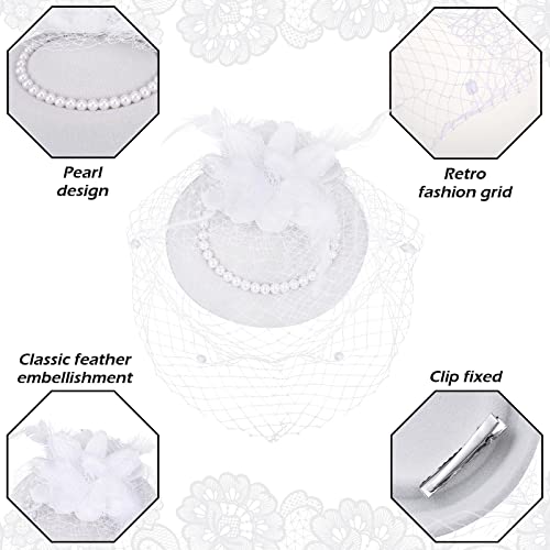 Halloween Fascinators Hats For Women Tea Party Headband Hat With Short Lace Gloves Pearl Necklace For Wedding (White, Silver) #TOP4