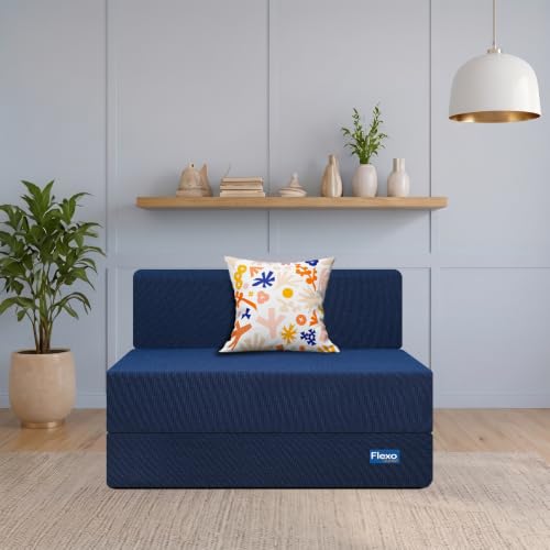 Image of Starlon 1 Seater Foldable Sofa Cum Bed 3-in-1 with 1 Floral Pattern Pillow, Washable Jute Fabric Cover, Space Saving Guest Bed, Pre-Assembled Royal Navy Blue 3x6 Ft