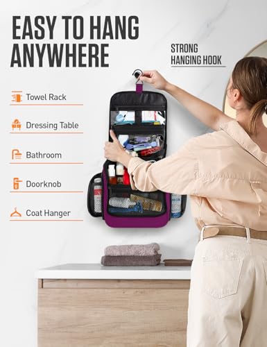 Image of VENTURE 4TH Hanging Travel Toiletry Bag, 18 Compartments - Purple | Hangs on rails, hooks or doors; stands upright. Removable TSA pouch. Water-resistant Nylon 290D Twill, reinforced stitching.