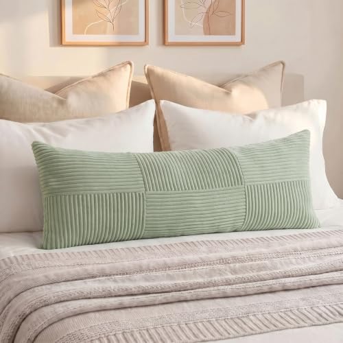 Fancy Homi Set of 1 Sage Green Boho Long Lumbar Body Decorative Throw Pillow Cover 14x36 Inch for Bed Couch Bedroom Bench, Soft Patchwork Corduroy Textured Pillow Case, Rustic Farmhouse Room Decor