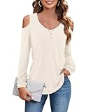 Florboom Women's T Shirts Fall Casual Long Sleeve Cold Shoulder Tops Blouses, Cream S