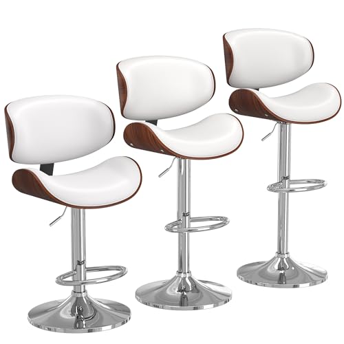 Butacos de Barra YaFiti, Juego de 3 Butacos con Espalda Curvada y Asiento de Cuero Sintético, Giratorios para Isla de Cocina, Bar o Comedor, Color Blanco Marfil miniatura 1