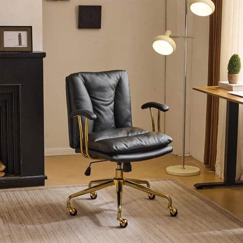 VINGLI Home Office Desk Chair Comfy with Wheels & Removable Armrests Gold Base Vanity Chair with Back Adjustable Rolling Swivel Computer Task Chair for Study Makeup Office Bedroom PU Leather Black