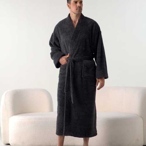 Men's Billowy Fleece Bath Robe Belt Bathrobe Chunky Comfy Cold Weather Drop Shoulder Baggy Fall Bathrobes4