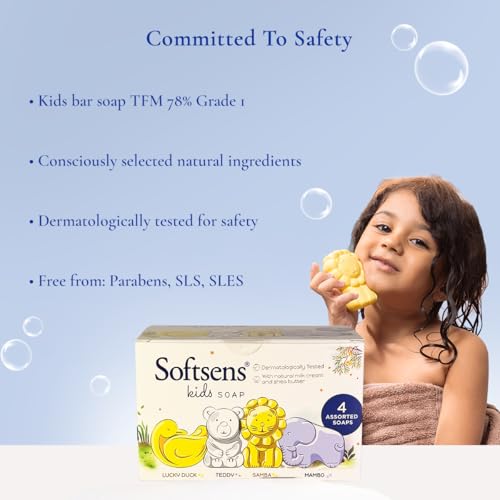 Image of Softsens Assorted Kids Soap 75g each ( Pack of 4 x 75g) | Gentle Nourishing Care with Shea Butter & Natural Milk Cream, Dermatologist Tested Baby Soap, Moisturizing Animal Shape Bar Soap For Toddlers & Kids 2-10 Years