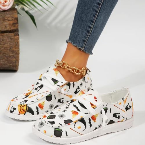 Women Halloween Pumpkin Print Canvas Loafers,Fashion Low Top Lace up Round Toe Slip-On Flats,Casual Comfortable Anti-Slip Walking Sneakers2