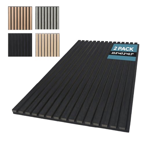 AKUMAX Acoustic Wall Panels for Bedroom Living Room 2 Pack Wood Panel for Wall 15.5 ft Real Wood Veneer Extra Thick 3D Slat Wall Panels 47.2 x 23.6 Decorative Sound Absorbing Panels(Black)