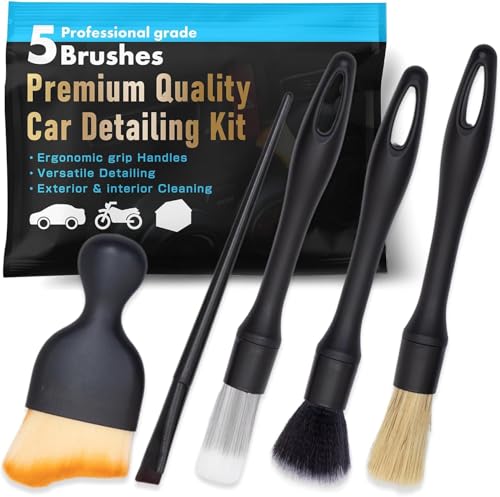 Car Detailing Brush Kit Exterior & Interior Car Cleaner Brush Set | Car Cleaning Kit | Car Accessories | Interior Car Cleaner | Travel Essentials | Black | 5PCS - Japan Import