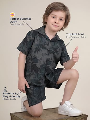 Image of POLKA TOTS Cotton Boys Summer T-shirts and Shorts Combo Set | Premium Printed Shirt & Shorts Combo | Relaxed Fit | Summer Toddler Outfit for Kids | Co-Ord Set For Boys | Tropical Print | Black 3-4 Y