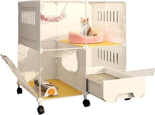 JBJSHHY 猫ゲージ 2段 3段 トイレ付き 大型 屋内用猫ケージ ドア付き 完全な透明性 車輪付き 組み立てが簡単 通気性が良い 引き出し式デザインでお手入れ簡単 猫 ケージ トイレ付き 猫 囲い (車輪付き,2層-A)