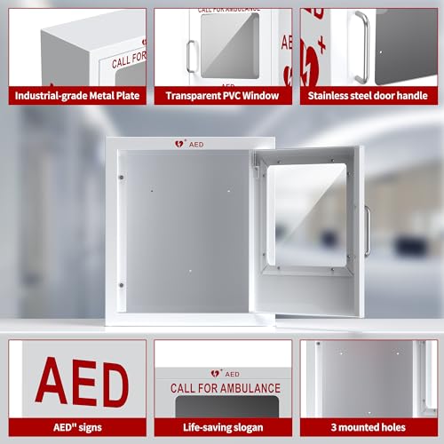 Image of AED Cabinet with Industial-Grade Steel Metal Plate See-Through Window Wall-Mounted Aed Cabinet Fits All Brands of AED Defibrillators, | Rust-Proof | Corrosion-Proof | 14.2 x 7.1 x 15.7 Inches