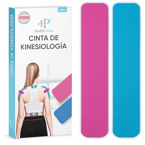 Health Press Kinesiotapes - 50 Tiras de Cinta Kinesiológica Precortada Azul + Rosa (25cm x 5cm) - Cinta Profesional de Fisioterapia y Deportiva - Cintas amigables con la piel DERMATEST: MUY BUENO