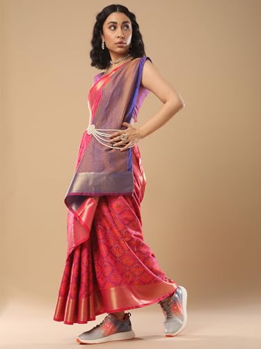 Image of AKHILAM Women's Banarasi silk Ethnic Motif Woven Design Saree With Unstitched Blouse Piece(Pink 2MNSV807 SNK)