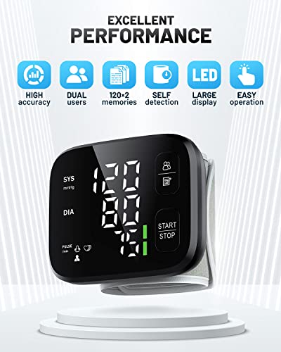 Oklar Blood Pressure Monitor LED Backlit Display Automatic Wrist Cuff Bp Machine with Carrying Case, 120x2 Reading Memory, Black - Thumbnail 2