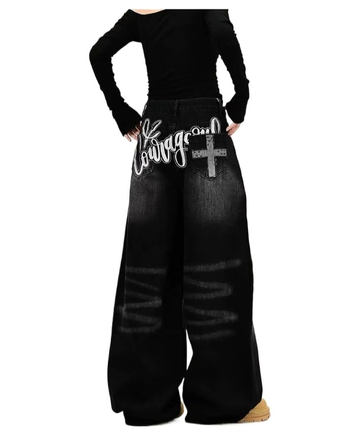 Unisex Y2k Vintage Gothic Letter Cross Print Wide Leg Jeans Hiphop Unisex Y2k Vintage Gothic Letter Cross Print Wide Leg Jeans Hiphop