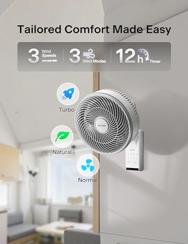 PELONIS 9 inch Wall Mount Fan with Remote Control, Osicllating Fan with 26ft Powerful Airflow, 3 Speed & 3 Modes, Auto 90° Horizontal & 68° Vertical Tilt, Indoor, 36dB, Ideal for Home, Garage, Gym