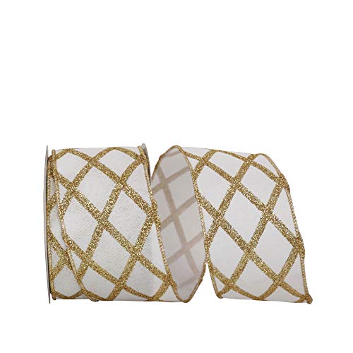 Reliant Ribbon Lattice Diagonal Glitter Linen Wired Edge Ribbon, 2-1/2 Inch X 10 Yards, White/gold