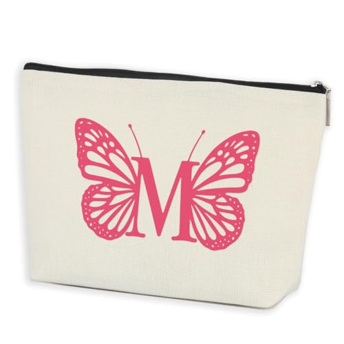 AOZHUO Initial Makeup Bags for Women Lined Monogram Cosmetic Bag Birthday Gifts for Women Girls Bridesmaid Best Friends Sisters, Travel Toiletry Bag, Pink Butterfly Letter M