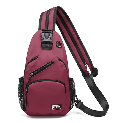 SUIKIHUM Convertible Sling Bag Crossbody Backpack, 11-Inch Pads Bags with Headphone Jack Shoulder Bag Casual Pack for Women Hiking Travel Cycling (Wine Red)
